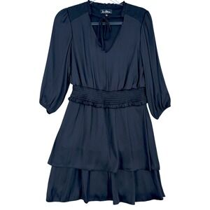 Sam Edelman Dress‎ Womens XS Black 3/4 Sleeve Tiered Ruffle Tie Neck Smock Waist